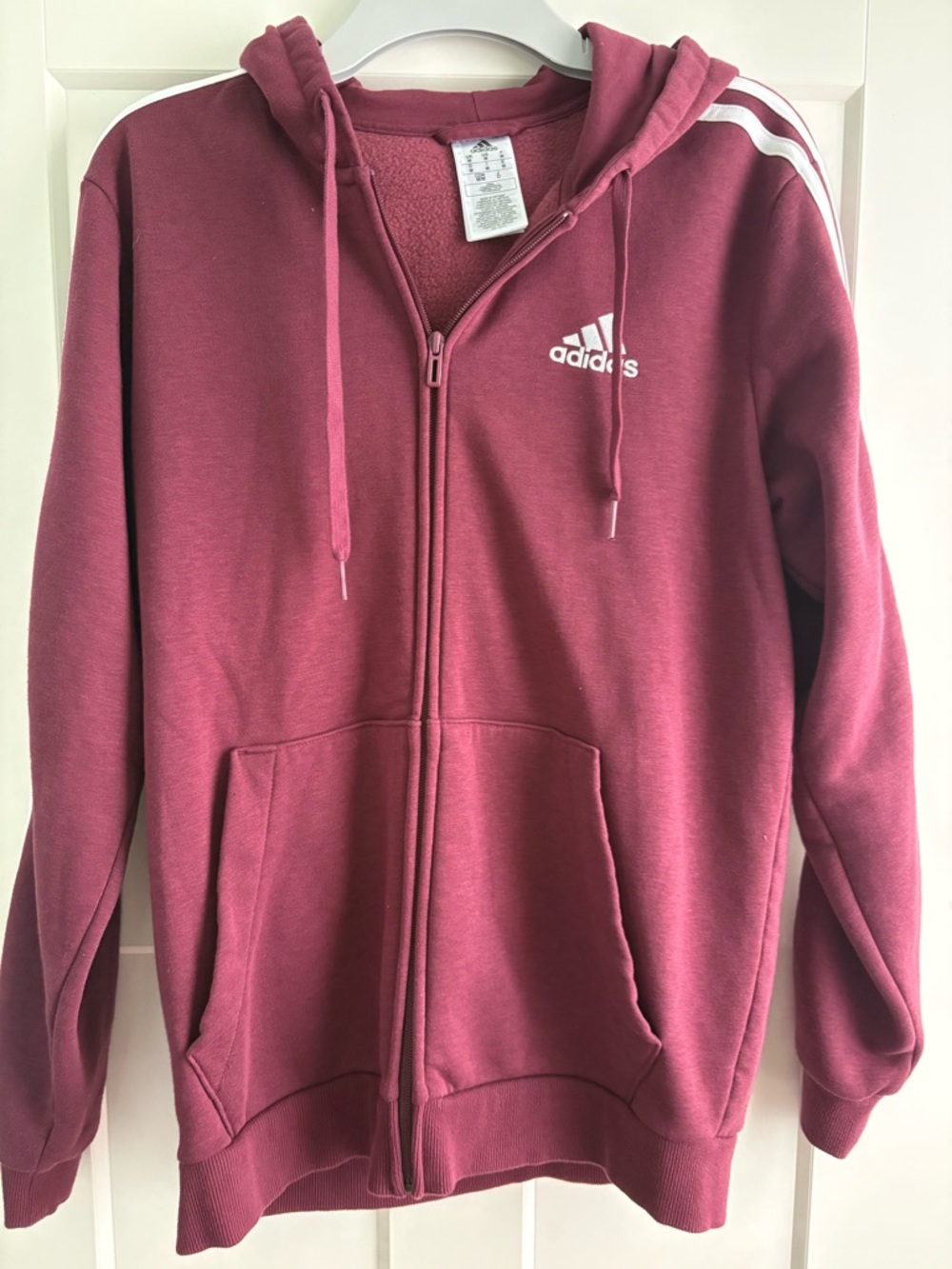adidas Burgundy Zip Hoodie with White Stripes Mens Medium